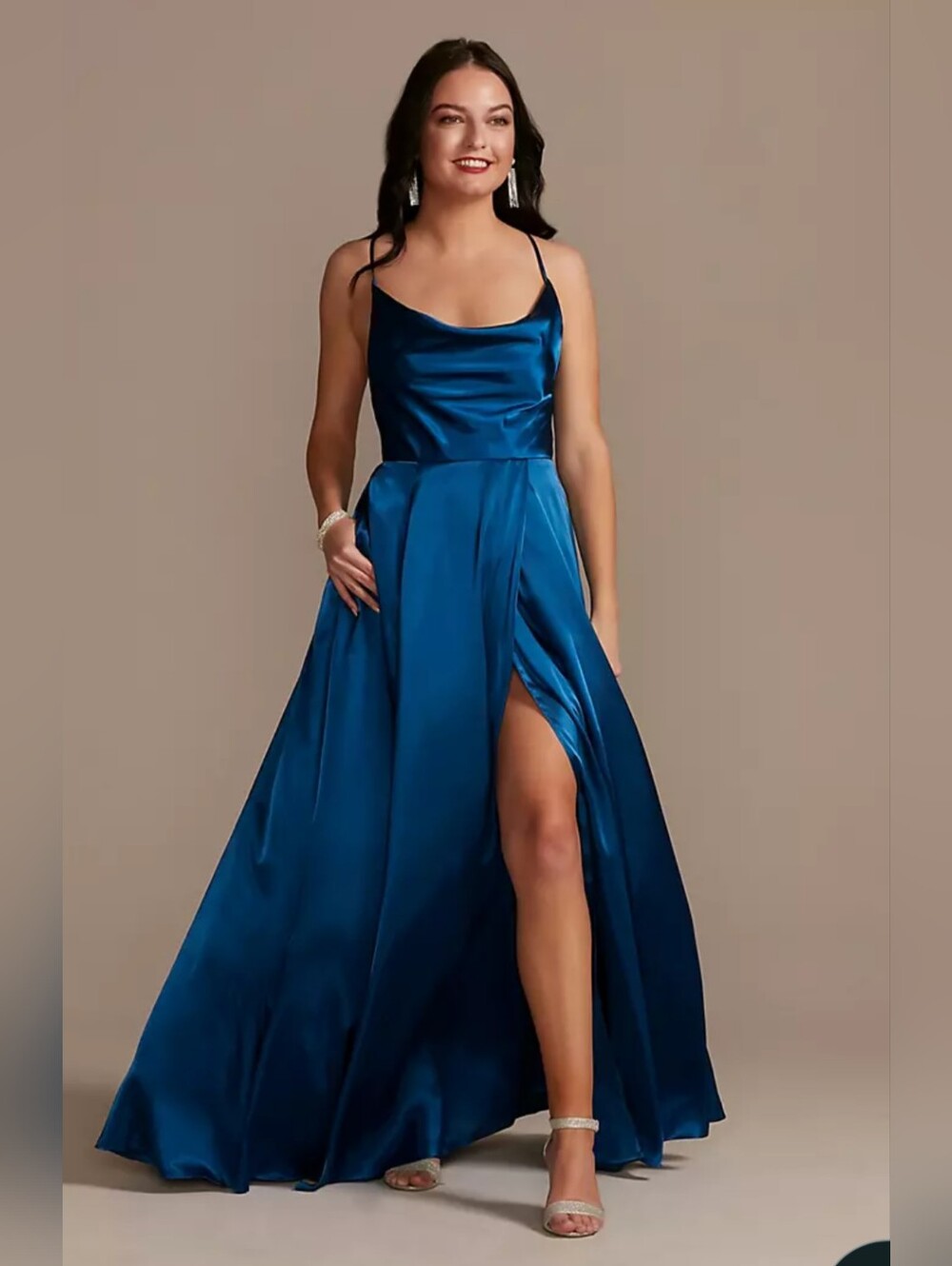 Satin Cowl Neck Sleeveless Evening Gown in Sapphire